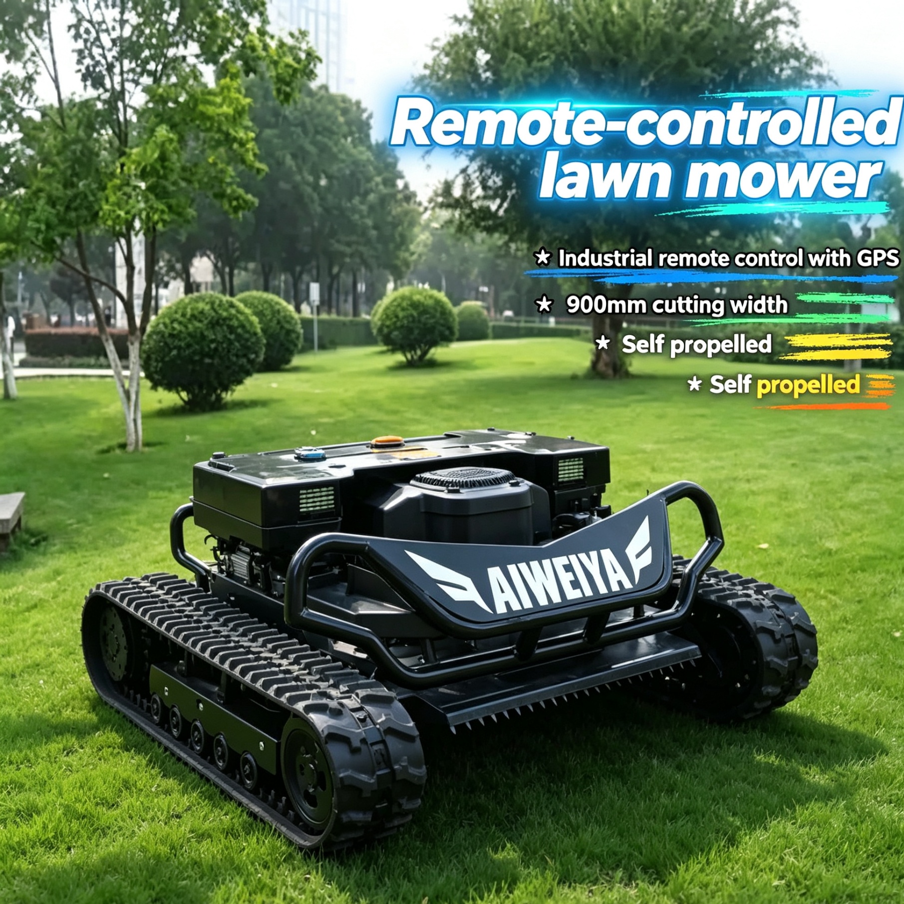 Power Tools Store - カスタマイズ可能な自走式芝刈り機は、バッテリー駆動システムを採用し、900mm幅の外部収納ラックでメンテナンスツールを収納できます。
