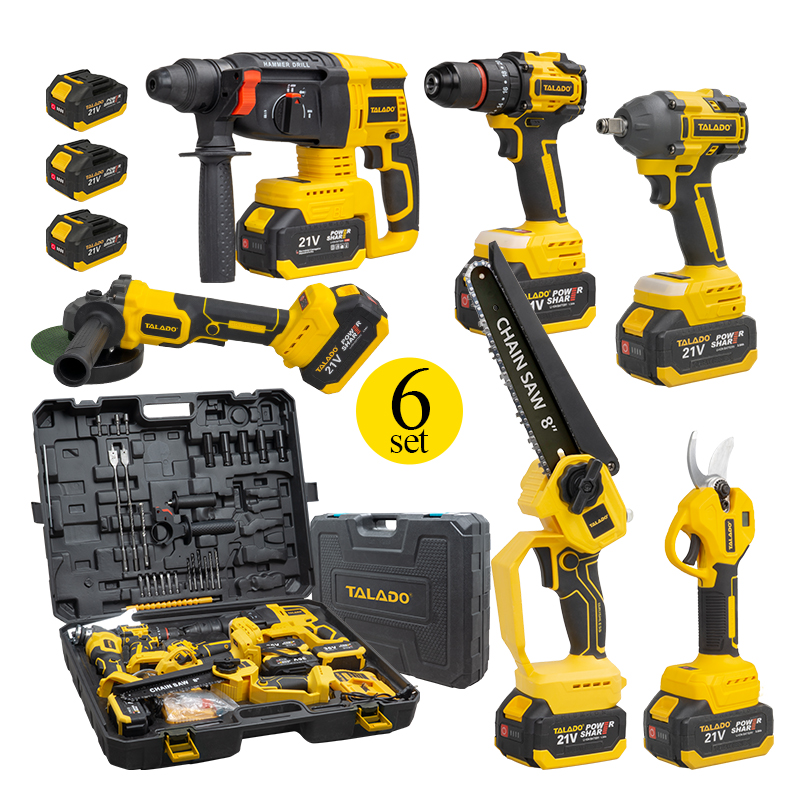 Power Tools Combo Kits - 20V 6-in-1電動工具セット、現場作業用レンチ、ドリル、チェーンソー、アングルグラインダー、剪定ばさみ、ハンマーのコンボキット、コードレスツールセット
