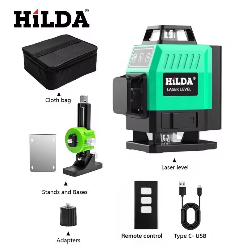 Power Tools That Are Green - HILDA 超強力グリーンレーザーレベル 12/16ライン 360° ° 水平垂直クロスライン自動水平調整ポータブルレーザーツール