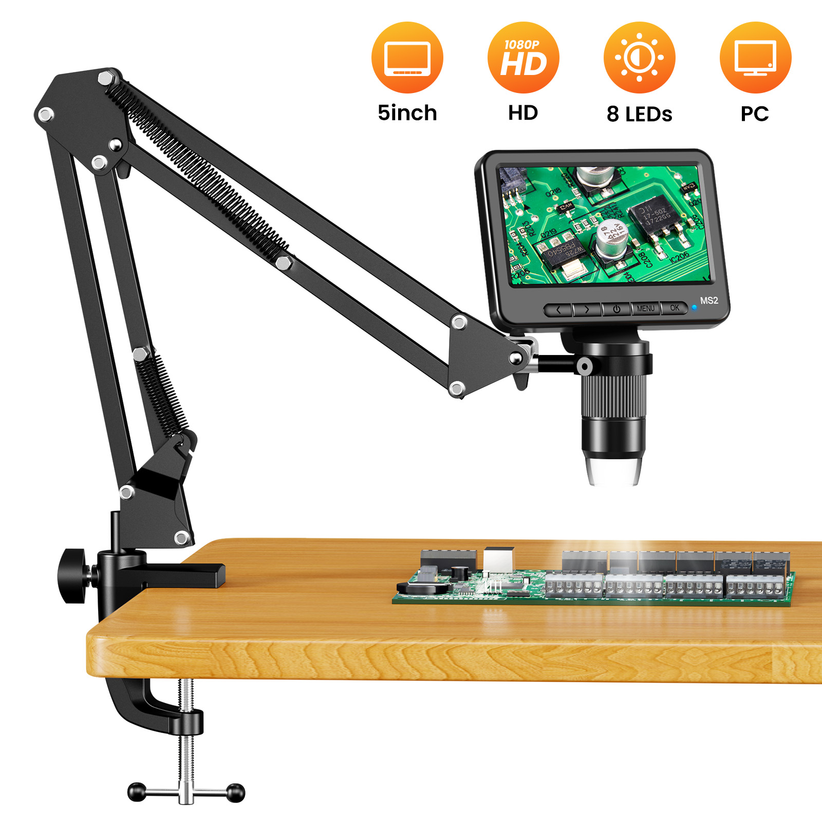 Power Tools Video - フレキシブルアームスタンドデジタル顕微鏡、5インチはんだ付け用顕微鏡、エラーコイン、植物、修理、PCビュー用ツール、8個のLED付き