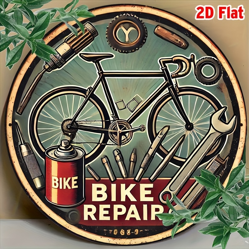 Power Tools Aldi - 2Dフラット、2Dフラットラウンド1個 - ヴィンテージ自転車修理8インチアルミサイン - ツールとパーツデザイン付きウォールデコレーション、H用クラシックスタイル